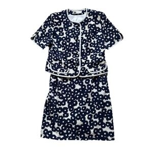 Don Elliott Floral Skirt Suit Navy White Textured Size 14 USA Vintage